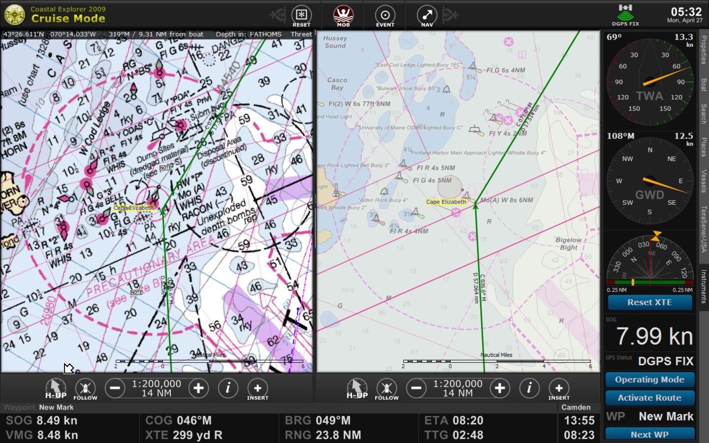 Coastal Explorer showing synchronized RNC and ENC charts in 2009
